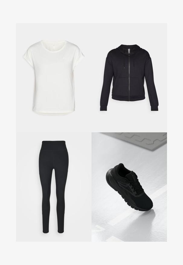 Schwarze Zip-Hoodie aus weichem Stoff, mit gefütterter Kapuze, Zugkordel, Fronttaschen und gerippten Bündchen sowie Saum.; Weißes Kurzarm-T-Shirt mit Rundhalsausschnitt, aus glattem Stoff gefertigt. Verfügt über aufgerollte Ärmel und ein dezentes Logo-Detail auf der Brust.; Schwarze Leggings aus dehnbarem Stoff, mit einem hohen Bund, gerippten Einsätzen an den Seiten und einem figurbetonten Design, das sich an den Knöcheln verjüngt.; Schwarzer Sportschuh mit einem Obermaterial aus Mesh, runder Zehenpartie, gepolsterter Sohle und strukturierten Akzenten, platziert auf einer glatten weißen Oberfläche.