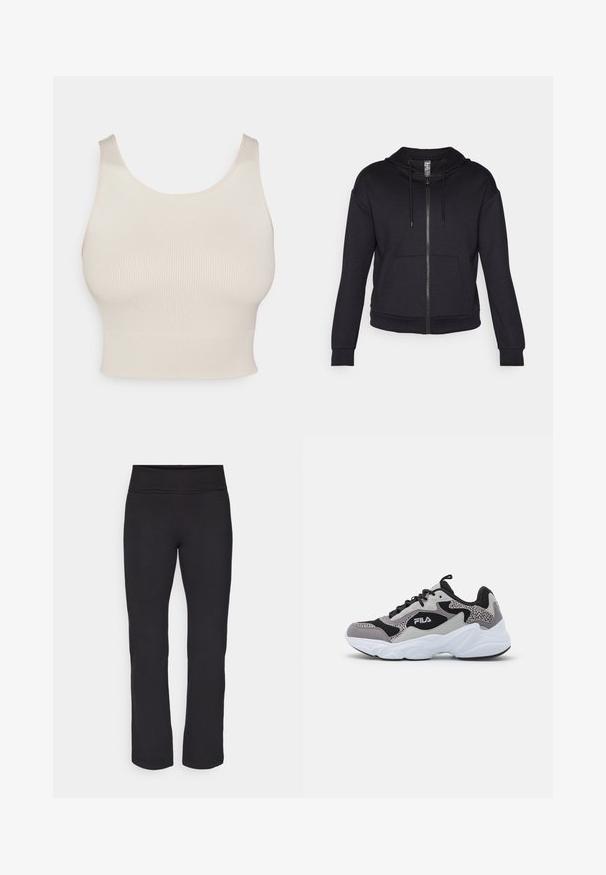 Juodas užtrauktukas hoodie, pagamintas iš minkštos medžiagos, su išklota kapuce, raiščiu, priekinėmis kišenėmis ir gumbelinėmis rankovėmis bei apatine dalimi.; Kreminės spalvos juostuotas trumpas viršus su plačiomis petnešėlėmis, apvaliu iškirpimu ir prigludusia juosmena. Audinio tekstūra lygi, pagaminta iš tamprios, lengvos medžiagos.; Juodos leginsai su lygiu, tamprių audinių ir plačiu juosmeniu. Jie turi tiesius, pilno ilgio kojus ir jokios matomos raštų ar akcentų.; Pilkas, juodas ir baltas sportinis batelis su tekstūruota viršutine dalimi, paminkštintu apvadu, storu baltu padu ir tinklinėmis dalimis, užtikrinančiomis oro pralaidumą.