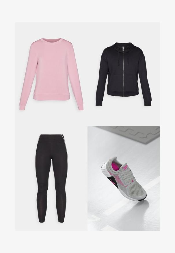 Črna zip-up kapuca izdelana iz mehkega blaga, z obloženim kapuco, vrvico, sprednjimi žepi ter rebrastimi manšetami in robom.; Svetlo roza sweatshirt z dolgimi rokavi, okroglo ovratnico ter rebrastimi manšetami in robom. Narejen iz mehkega materiala z gladko teksturo.; Črne legice iz raztegljivega materiala z visokim pasom. Imajo bele stranske črte in gladko teksturo po vsej dolžini.; Sivi in roza Reebok športni čevlji z mrežastim zgornjim delom in podrobno podplatom, prikazani na odsevni beli površini.
