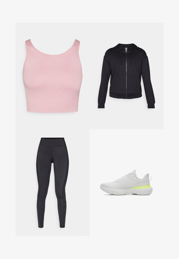 Mustaline tõmblukkudega sviiter, mis on valmistatud pehmest kangast, varustatud voodriga kapuutsiga, reguleeritava nööriga, esi-taskutega ning soonikkoes mansettide ja äärega.; Roosa ribatud lühike topp ümmarguse kaelarõnga ja laiade õlavarredega, millel on sile tekstuur ja kinnitatud siluett.; Mustad mustad, mis on valmistatud venivast materjalist. Kõrge vöökoht, sile tekstuur, millel on mustritooted sääres.; Valged sportlikud kingad, millel on hingav võrgust ülemine osa, ümmargune varvas ja rohelised aktsendid kandadel; sisaldavad mugavat pehmendatud talla.