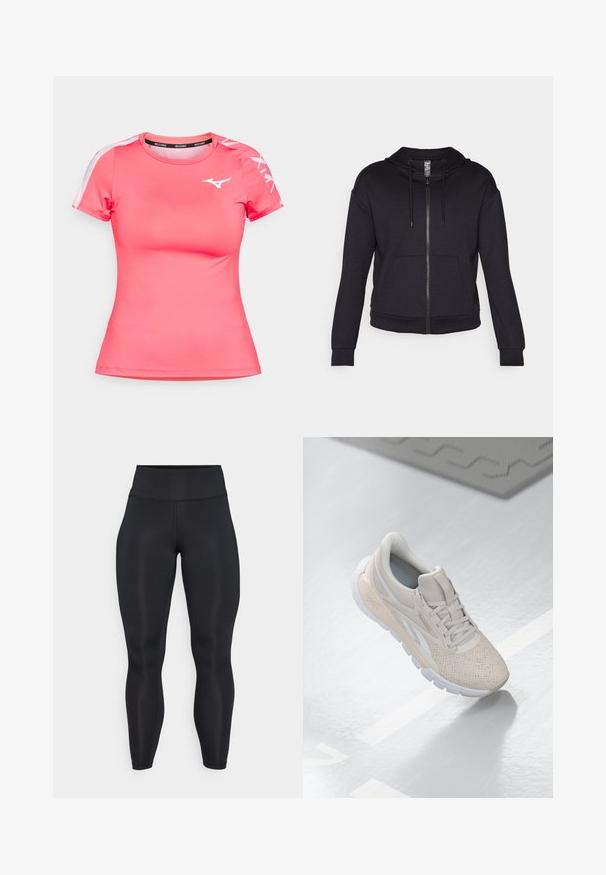 Black zip-up hoodie made of soft fabric, featuring a lined hood, drawstring, front pockets, and ribbed cuffs and hem.; Pink athletic shirt made from smooth, breathable fabric. Features short sleeves, a crew neckline, and a white logo on the chest and sleeves.; Black high-waist full-length leggings with smooth fabric and visible seam details on the front and waistband.; Light beige athletic shoe with a perforated upper, textured accents, padded collar, and white rubber sole, designed for comfort and breathability.