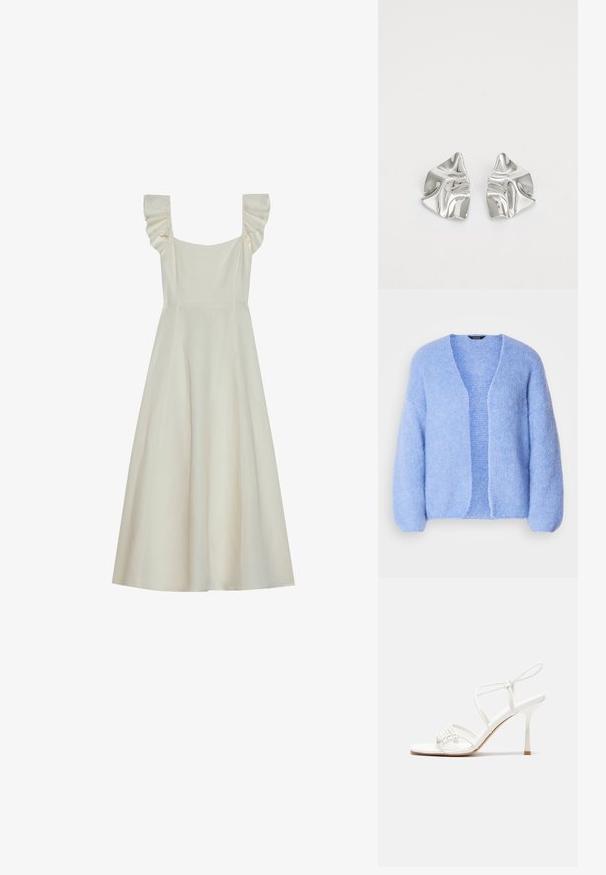 Lindex VANESSA - Cardigan - light blue; Ærmeløs, cremefarvet kjole med firkantet halsudskæring og rynkede skulderdetaljer, der har en tætsiddende bærestykke og en flagrende nederdel.; Hvide strop sandaler med høj hæl, flad tåbase, tekstureret forside med sammensunkne detaljer og en smal ankelrem.; Sølvmetal øreringe med et bølgende, skulpturelt design, der har en poleret overflade og uregelmæssige former, hvilket fremhæver en moderne æstetik.