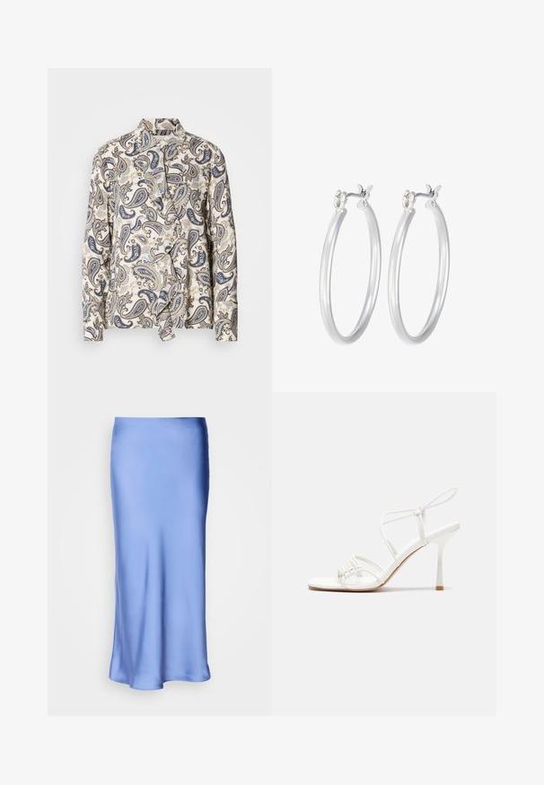 Lindex CARDIGAN VANESSA - Neuletakki - light blue; Kuvioitu paita, jossa on paisley-kuvio navy, beige ja vaaleansininen, valmistettu kevyestä kankaasta, jossa on piilotettu napitus ja kaulus.; Asymmetriseeritud valge top, millel on ühe õla disain, valmistatud siledast kangast, omades istuvat siluetti ja puhtaid servi.; Satiini sininen midi-hame, jossa on sileä ja kiiltävä pinta. Reilusti levenevä siluetti, helman kaari on hellävarainen, korostaen sen virtaviivaista muotoilua.; Valkoinen remmillä varustettu korkokenkä, jossa tasapohja, teksturoitu etuosa koukkuineen ja kapea nilkkaremmi.; Hope-silver rengas, joissa on sileä ja kiillotettu pinta. Pyöreä muoto ja turvallinen napsautettava lukitus. Kevyt muotoilu sopii päivittäiseen käyttöön.