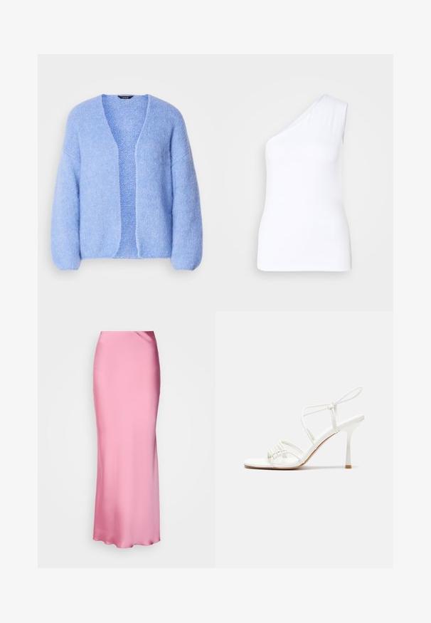Lindex CARDIGAN VANESSA - Kardigán - light blue; Aszimmetrikus fehér ujjatlan felső egy vállas kialakítással, sima anyagból, testhezálló siluettel és letisztult élekével.; Rózsaszín selyem maxi szoknya letisztult dizájnnal, sima textúrával és karcsú siluettel, magasan elhelyezett derékkal és látható rögzítések nélkül.; Fehér pántos magassarkú szandál lapos lábujjal, texturált elülső résszel, ráncolt díszítéssel és vékony bokapánttal.