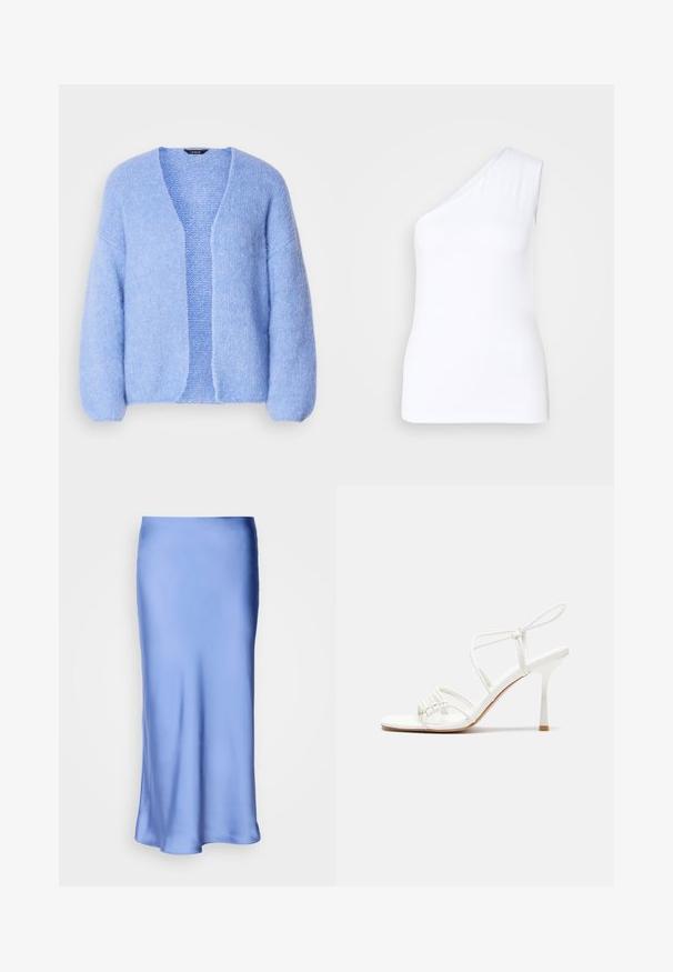 Lindex CARDIGAN VANESSA - Kardigan - light blue; Asümmeetrilise kujuga valge tank top ühe õlaga, valmistatud siledast kangast, millel on kehakumerus ja puhtad servad.; Satiinsinine sinine midi-seelik, millel on sile ja läikiv viimistlus. Laienev siluett, äär on pehmelt kaardus, rõhutades selle voolavat disaini.; Valge rihmadega kõrge kontsaga sandaal, millel on lamedad varbatoed, tekstuuriga esiosa kogutud detailidega ja kitsas pahkluu rihm.