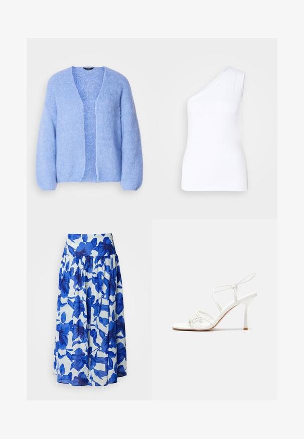 Lindex CARDIGAN VANESSA - Kardiganas - light blue; Asimetrinė balta marškinė su viena petneša, pagaminta iš lygios medžiagos, turi siaurą siluetą ir švarius kraštus.; Pūstos sijonai iš lengvo audinio su mėlynos gėlės raštu ant balto fono, su aukštu juosmeniu ir susiraukšlėjimo detaile.; Baltas dirželis su aukštu kulnu sandalai su plokščiu pirštu, tekstūruota priekinė dalis su susiraukšlėjimais ir plonas kulkšnies dirželis.