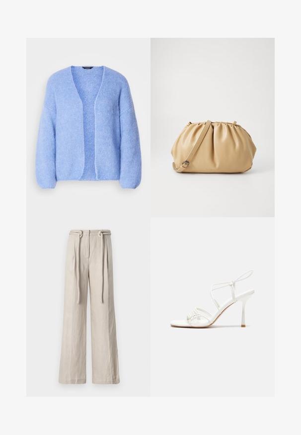 Lindex VANESSA - Cardigan - light blue; Asymmetrisk hvid tanktop med design til den ene skulder, lavet af glat stof, der har en tætsiddende silhuet og rene kanter.; Bredbeinede bukser i lyse beige linned med høj talje, frontplisseringer og en bundet bælte detalje. Glat tekstur og afslappet pasform.; Hvide strop sandaler med høj hæl, flad tåbase, tekstureret forside med sammensunkne detaljer og en smal ankelrem.; Tan læderhåndtaske med plisseret design, justerbar rem og rund form. Minimalistisk branding på forsiden.