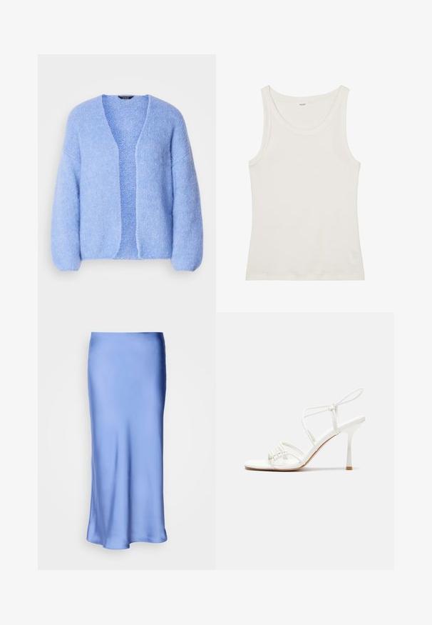 Lindex VANESSA - Cardigan - light blue; Top in cotone bianco a spalla larga con spalline sottili. Tessuto liscio senza motivi visibili o decorazioni.; Gonna midi in satin blu con una finitura liscia e lucente. Silhouette svasata, l'orlo curvato dolcemente, evidenziando il suo design fluido.; Sandalo alto con tacco bianco a strisce, con una base piatta per le dita, un frontale testurizzato con dettagli arricciati e una sottile cinghia alla caviglia.