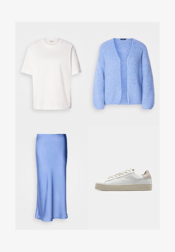 Lindex CARDIGAN VANESSA - Neuletakki - light blue; Valkoinen puuvillapaita, lyhyet hihat, pyöreä pääntie, rento istuvuus ja sileä pinta; ei kuvioita tai näkyviä kiinnityksiä.; Satiini sininen midi-hame, jossa on sileä ja kiiltävä pinta. Reilusti levenevä siluetti, helman kaari on hellävarainen, korostaen sen virtaviivaista muotoilua.; Valkoinen nahkakenkä, jossa on sileä pinta, beige mokkanahkavivahteita, pyöreä kärki, litteä nauhattava malli ja teksturoitu kumipohja.