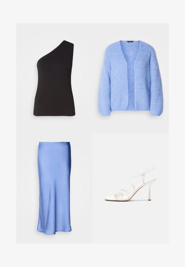 Lindex CARDIGAN VANESSA - Kofta - light blue; Svart top med en axel, tillverkad av mjukt och elastiskt material; åtsittande design med en elegant silhuett och slät textur. Inga synliga dekorationer.; Satinblå midi-kjol med en mjuk, glänsande yta. Utsådd silhuett, fållen böjer sig mjukt och framhäver dess fluidiska design.; Vit remsandaler med hög klack, platt tårbas, strukturerad framdel med rynkade detaljer och en smal vristrem.
