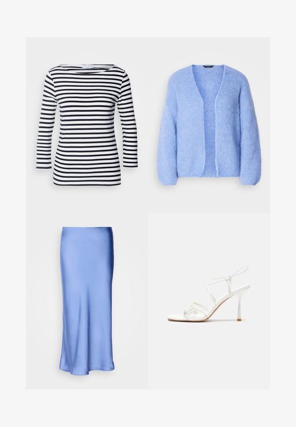 Lindex VANESSA - Cardigan - light blue; Mørkeblå og hvite stripestrikkede langermede topper med vid utringning og myk, elastisk kvalitet. Har jevne horisontale striper overalt.; Satin blå midi-skjørt med en glatt, lyst refleks. Utsvingt silhuett, bunnens kant buer forsiktig og fremhever den flytende designen.; Hvit stroppesandale med høy hæl og flatt tåfeste, teksturert front med rynkede detaljer, og en smal ankelreim.