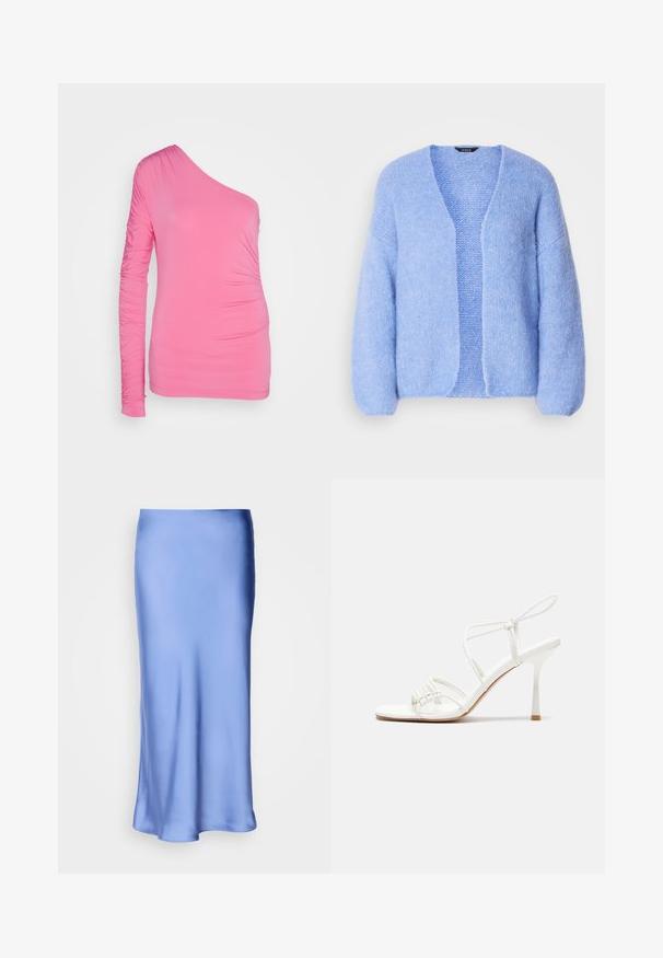 Lindex CARDIGAN VANESSA - Kardigán - light blue; Egy vállra húzható, rózsaszín felső, rugalmas anyagból készült. Hosszan ejtett ujján és oldalán gyűrődött részletekkel rendelkezik, amelyek formás sziluettet kölcsönöznek.; Szatén kék midi szoknya sima, fénylő felülettel. Enyhén bővülő sziluett, az alsó szegély finoman ível, hangsúlyozva a folyékony dizájnt.; Fehér pántos magassarkú szandál lapos lábujjal, texturált elülső résszel, ráncolt díszítéssel és vékony bokapánttal.
