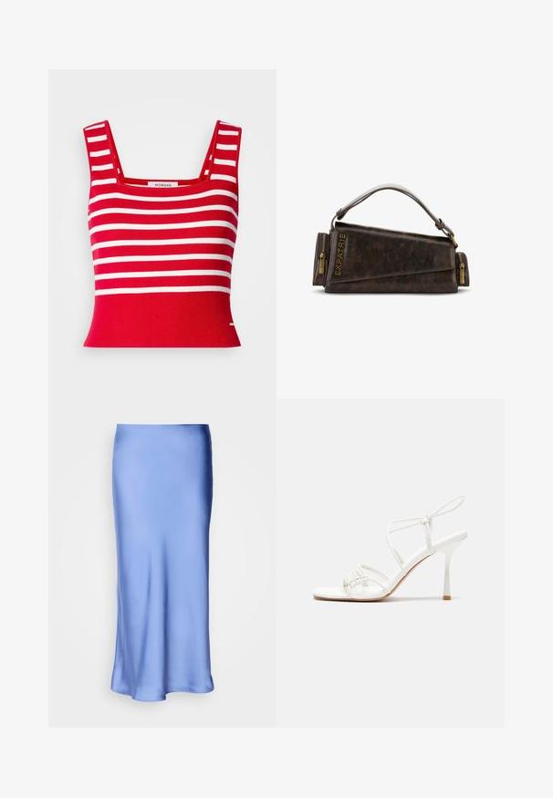 Lindex CARDIGAN VANESSA - Kardigán - light blue; Piros kötött crop top fehér vízszintes csíkokkal. Négyzet alakú nyakkivágással és bordázott textúrával rendelkezik. Címke a középen található.; Szatén kék midi szoknya sima, fénylő felülettel. Enyhén bővülő sziluett, az alsó szegély finoman ível, hangsúlyozva a folyékony dizájnt.; Fehér pántos magassarkú szandál lapos lábujjal, texturált elülső résszel, ráncolt díszítéssel és vékony bokapánttal.; Barna bőr kézitáska geometrikus mintával, felső fogantyúval és sárgaréz cipzár díszítéssel. A logó a táska oldalán van bedomborítva.; Ezüst fém fülbevalók hullámos, szobrászati kialakítással, fényes felülettel és szabálytalan formákkal, amelyek a kortárs esztétikát hangsúlyozzák.