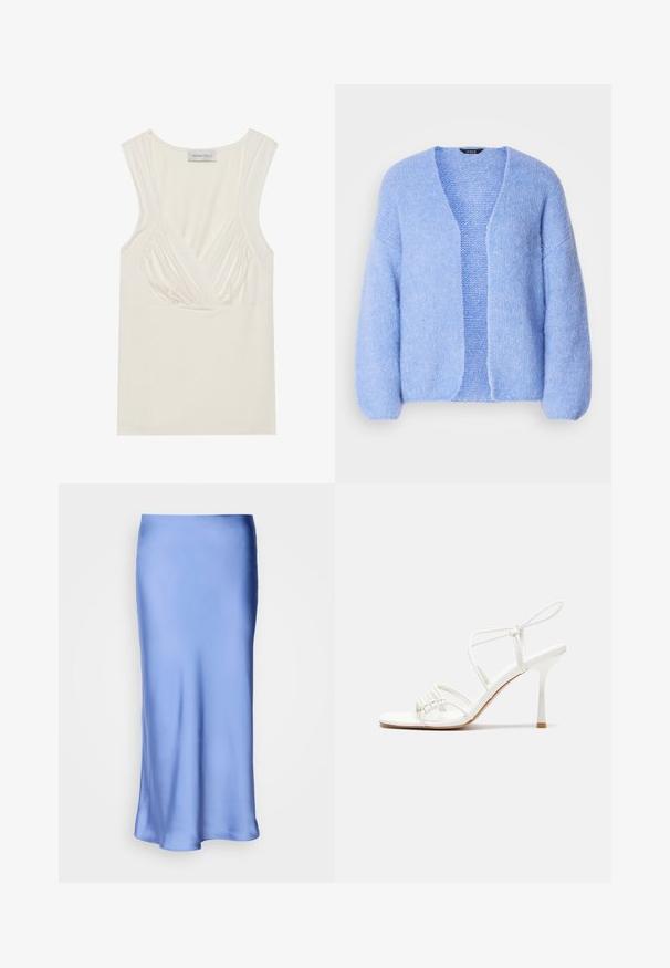 Lindex VANESSA - Kofta - light blue; Krämfärgad ärmlös topp med V-ringning och veckad detalj vid sidorna, tillverkad av mjukt, stretchigt material. Taggen visar "ANNA FIELD."; Satinblå midi-kjol med en mjuk, glänsande yta. Utsådd silhuett, fållen böjer sig mjukt och framhäver dess fluidiska design.; Vit remsandaler med hög klack, platt tårbas, strukturerad framdel med rynkade detaljer och en smal vristrem.