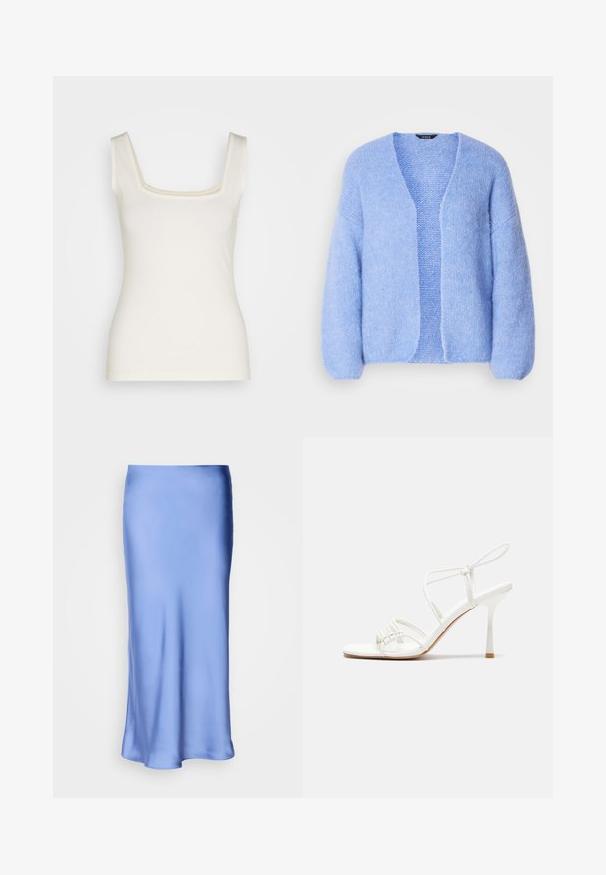 Lindex CARDIGAN VANESSA - Kardigan - light blue; Krémový top na ramínka se čtvercovým výstřihem, úzkými ramínky a přiléhavým střihem. Vyroben z měkké, elastické látky. Bez vzorů nebo akcentů.; Satinová modrá midi sukně s hladkým, lesklým povrchem. Rozšířená silueta, lem se jemně zakřivuje, což zvýrazňuje její plynulý design.; Bílé sandály na vysokém podpatku s tenkým páskem kolem kotníku, plochou špičkou, texturovaným předním dílem s nařasenými detaily.