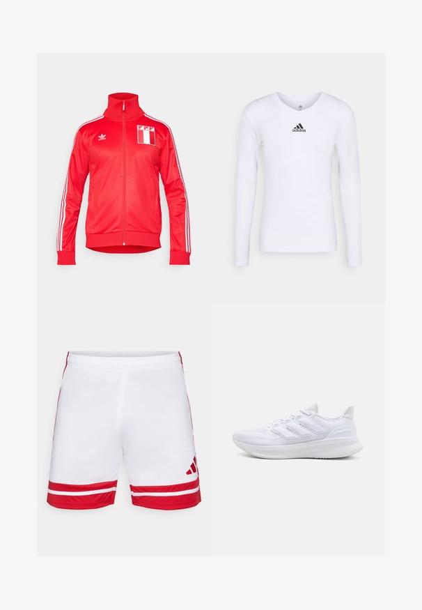 Red tracksuit jacket made of smooth fabric, featuring a high collar, full zipper, white stripes on sleeves, and a FPP emblem on the chest.; Long-sleeve white athletic shirt made of smooth material featuring a black Adidas logo at the chest; V-neck design and fitted shape.; White sports shorts with red accents, featuring two horizontal red stripes at the hem, elastic waistband, and a logo in the lower right corner.; White athletic shoes featuring a textured mesh upper, supportive cushioned sole, and three stripe design on the side.