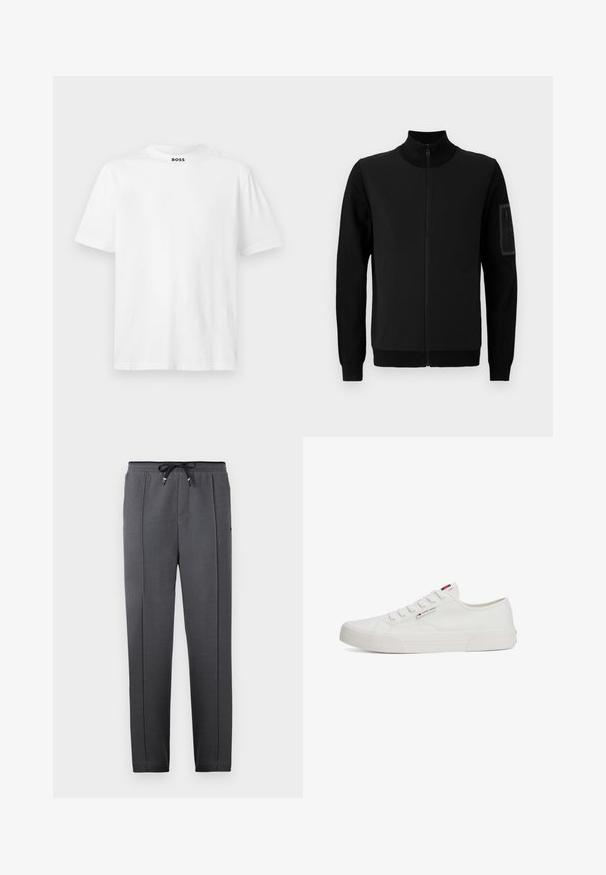 BOSS MOMENTUM - Cardigan - black; White short-sleeve T-shirt made of cotton. Features a crew neckline and a printed logo in black on the collar. Smooth texture, simple design.; Black textured sweatpants with elastic waistband and drawstring, featuring side pockets and tapered legs for a streamlined fit.; White canvas sneakers with a flat rubber sole, round toe, and five pairs of eyelets, featuring a small logo tag on the side.