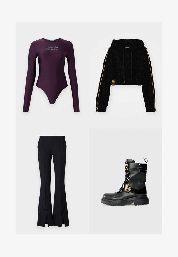 Krótką czarną bluzę z kapturem z wytłoczonym logo 'Versace', żółtymi paskami wzdłuż rękawów i złotymi akcentami. Miękka welurowa faktura.; Bodysuit z długim rękawem w głębokim fioletowym kolorze, wykonany z elastycznego materiału, z wysokim dekoltem i srebrnym logo na piersi.; Czarne spodnie w kształcie dzwonów wykonane z gładkiego materiału, z rozporkami na rękawie związanymi kokardkami dla dodatkowego efektu.; Czarne skórzane botki za kostkę z błyszczącymi akcentami, sznurówkami, złotym detalem klamry oraz grubą podeszwą z teksturowanym bieżnikiem.