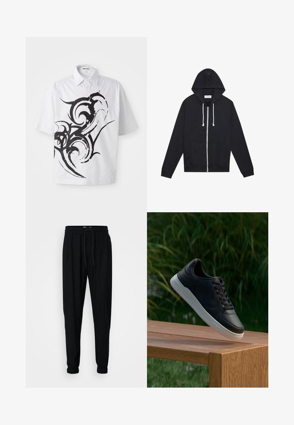 Melna kapucēna jaka ar baltām auklēm, priekšējiem kabatām un redzamu "Pier One" zīmola marķējumu apakšējā apkaklē.; Īsām piedurkņu krekls baltā krāsā ar vertikālām svītrām un lielu melnu abstraktu dizainu priekšpusē. Kokvilnas audums, brīva piegriezuma.; Melnas sporta bikses, kas izgatavotas no mīksta auduma, ar elastīgu jostu, auklu un elastīgām aprocēm pie potītēm, nodrošinot pieguļošu piegriezumu.; Melnas kedas ar baltu zoli, pakārtas virs koka solu, zaļajiem lapotnēm izplūdušā fona.