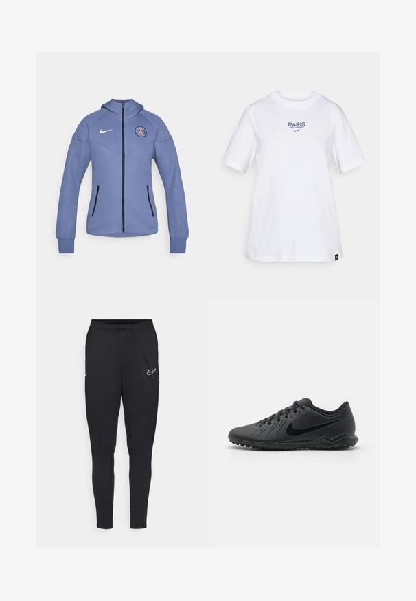 Giacca blu con zip realizzata in materiale morbido, dotata di cappuccio, tasche laterali e logo sul petto. Include cerniera e dettagli neri.; T-shirt bianca in cotone con scritta blu "PARIS SAINT-GERMAIN" e logo Nike. Collo rotondo classico e maniche corte, vestibilità rilassata.; Pantaloni sportivi neri realizzati con un tessuto leggero, caratterizzati da una vita elastica, un design aderente e un logo Nike bianco sulla coscia.; Scarpa da calcio nera con tomaia sintetica testurizzata, design curvo, suola nera e logo Nike teal sul lato. Chiusura con lacci.