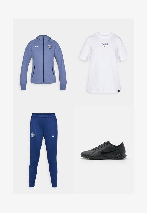 Veste zippée bleue en matériau doux, dotée d'une capuche, de poches latérales et d'un logo sur la poitrine. Comprend une fermeture éclair noire et des accents.; T-shirt en coton blanc avec texte bleu « PARIS SAINT-GERMAIN » et logo Nike. Encolure ras du cou classique et manches courtes, coupe décontractée.; Pantalons de sports bleu marine en tissu lisse. Dotés d'un logo Nike blanc et d'un emblème d'équipe rond sur la cuisse gauche. Taille élastique.; Crampons de football noirs avec une tige synthétique texturée, un design incurvé, une semelle extérieure noire et un logo Nike teal sur le côté. Fermeture à lacets.