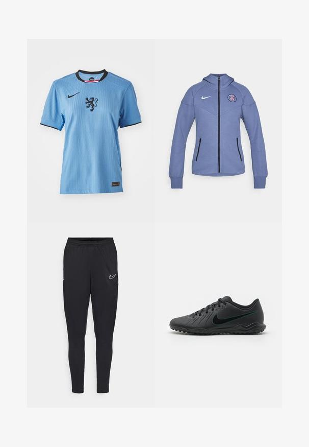 Giacca blu con zip realizzata in materiale morbido, dotata di cappuccio, tasche laterali e logo sul petto. Include cerniera e dettagli neri.; Maglia Nike azzurro chiaro con maniche corte, collo nero e una grafica di un leone al centro. Tessuto testurizzato con sottili dettagli a costine.; Pantaloni sportivi neri realizzati con un tessuto leggero, caratterizzati da una vita elastica, un design aderente e un logo Nike bianco sulla coscia.; Scarpa da calcio nera con tomaia sintetica testurizzata, design curvo, suola nera e logo Nike teal sul lato. Chiusura con lacci.