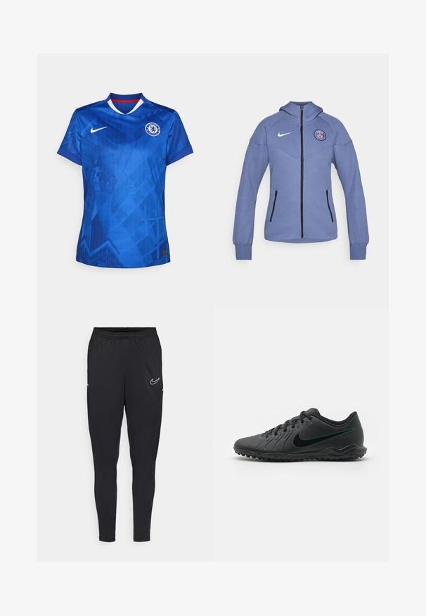 Blauwe zip-up jack van zacht materiaal, met een capuchon, zijzakken en een logo op de borst. Inclusief zwarte rits en accenten.; Blauw Nike voetbalshirt met een geometrisch patroon, een V-halskraag met rode accenten en een Chelsea FC-logo geborduurd op de borst.; Zwarte sportbroeken van lichtgewicht stof, met een elastische tailleband, een getailleerd ontwerp en een wit Nike-logo op de bovenbeen.; Zwarte voetbalschoenen met een gestructureerde synthetische bovenkant, gebogen ontwerp, zwarte outsole en een teal Nike-logo aan de zijkant. Vetersluiting.