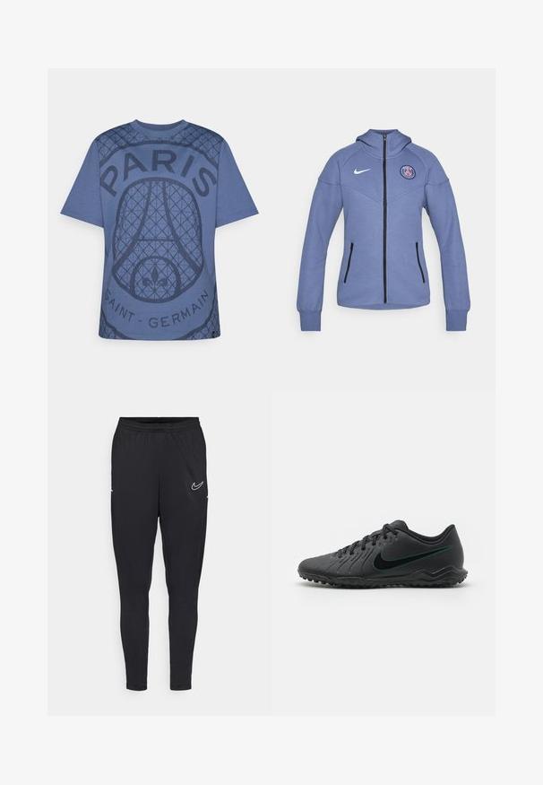 Blauwe zip-up jack van zacht materiaal, met een capuchon, zijzakken en een logo op de borst. Inclusief zwarte rits en accenten.; Blauwe katoenen t-shirt met een gestructureerd grafisch ontwerp met de tekst "PARIJS" en "SAINT-GERMAIN", ronde halslijn en korte mouwen.; Zwarte sportbroeken van lichtgewicht stof, met een elastische tailleband, een getailleerd ontwerp en een wit Nike-logo op de bovenbeen.; Zwarte voetbalschoenen met een gestructureerde synthetische bovenkant, gebogen ontwerp, zwarte outsole en een teal Nike-logo aan de zijkant. Vetersluiting.