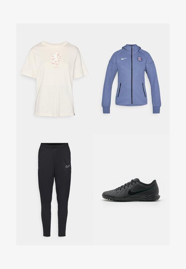 Blaue Kapuzenjacke aus weichem Material, mit Reißverschluss, seitlichen Taschen und einem Logo auf der Brust. Enthält einen schwarzen Reißverschluss und Akzente.; Cremefarbene Baumwoll-T-Shirt mit kurzen Ärmeln und einem strukturierten roten Grafikdesign auf der Vorderseite. Mit Rundhalsausschnitt und abgerundetem Saum.; Schwarze Sporthose aus leichtem Stoff, mit elastischem Bund, schmaler Passform und einem weißen Nike-Logo am Oberschenkel.; Schwarzer Fußballschuh mit strukturiertem Synthetic-Obermaterial, geschwungener Form, schwarzer Laufsohle und tealfarbenem Nike-Logo an der Seite. Mit Schnürverschluss.