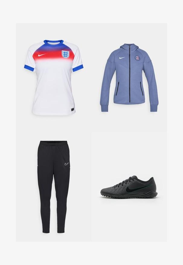 Modrá sivá bunda na zips vyrobená z mäkkého materiálu, s kapucňou, bočnými vreckami a logom na hrudi. Obsahuje čierny zips a akcenty.; Biele športové dres s prechodovým dizajnom, ktorý prechádza z červenej do modrej na ramenách. Obsahuje modré akcenty na manžetách a erb.; Čierne športové nohavice vyrobené z ľahkej tkaniny, s elastickým pásom, priliehavým strihom a bielym logom Nike na stehne.; Čierne futbalové kopačky s textúrovaným syntetickým zvrškom, zakriveným dizajnom, čiernou podrážkou a tyrkysovým logom Nike na boku. Zatváranie na šnúrky.