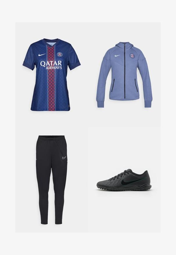 Casaco azul com fecho zip, feito de material suave, com capuz, bolsos laterais e um logótipo no peito. Inclui um fecho preto e detalhes em preto.; Camisa de futebol do Paris Saint-Germain em azul com padrões geométricos em vermelho e branco, apresentando um decote redondo, mangas curtas e o logótipo no peito.; Calças de desporto pretas feitas de um tecido leve, com um cós elástico, design ajustado e um logo branco da Nike na coxa.; Chuteira de futebol preta com parte superior sintética texturizada, design curvado, sola preta e logotipo da Nike em azul-turquesa na lateral. Fecho com atacadores.