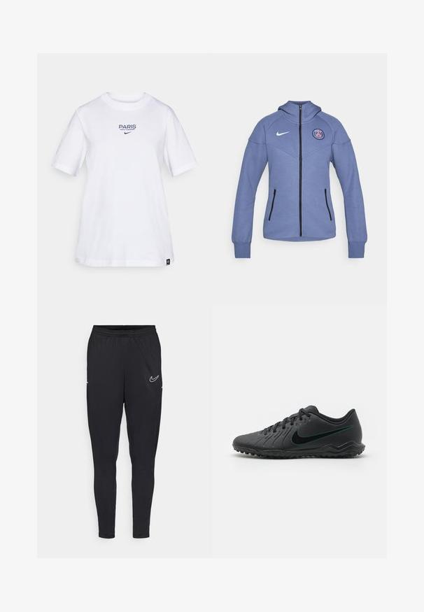 Sininen vetoketjullinen takki pehmeästä materiaalista, jossa on huppu, sivutaskut ja logo rinnassa. Mukana musta vetoketju ja laitteen yksityiskohdat.; Valkoinen puuvillapaita, jossa on sininen teksti "PARIS SAINT-GERMAIN" ja Niken logo. Klassinen pyöreä pääntie ja lyhyet hihat, rento malli.; Mustat urheiluhaut, jotka on valmistettu kevyestä kankaasta, featuring joustava vyötärönauha, istuva malli ja valkoinen Nike-logo reidessä.; Musta jalkapallokengät, joissa on teksturoitu synteettinen päällinen, kaareva muotoilu, musta pito-osa ja teallogo Nike-logolla sivussa. Nauhakiinnitys.