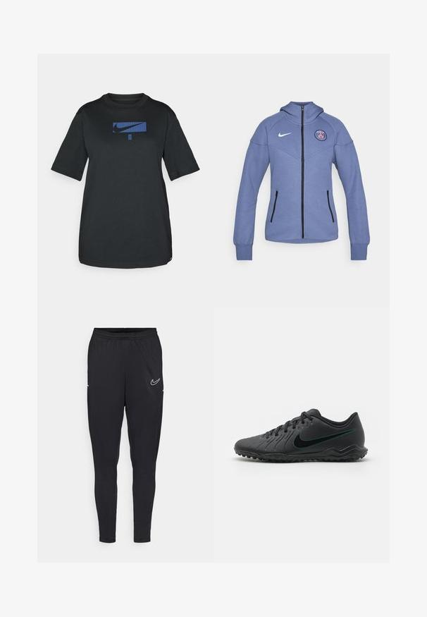 Chaqueta azul con cremallera hecha de material suave, con capucha, bolsillos laterales y un logotipo en el pecho. Incluye cremallera y detalles en negro.; Camiseta de algodón negra con mangas cortas y escote redondo. Presenta un logo azul de Nike en la parte frontal dentro de un gráfico rectangular.; Pantalones deportivos negros hechos de tejido ligero, con cinturilla elástica, diseño ajustado y un logo blanco de Nike en el muslo.; Botas de fútbol negras con parte superior sintética texturizada, diseño curvado, suela negra y logotipo de Nike en color azul verdoso en el costado. Cierre con cordones.