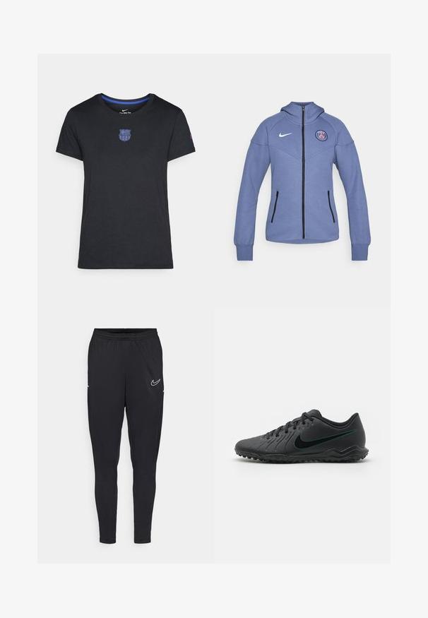 Blauwe zip-up jack van zacht materiaal, met een capuchon, zijzakken en een logo op de borst. Inclusief zwarte rits en accenten.; Zwart katoenen T-shirt met korte mouwen, voorzien van een blauw clublogo op de borst en een blauwe accent bij de halslijn.; Zwarte sportbroeken van lichtgewicht stof, met een elastische tailleband, een getailleerd ontwerp en een wit Nike-logo op de bovenbeen.; Zwarte voetbalschoenen met een gestructureerde synthetische bovenkant, gebogen ontwerp, zwarte outsole en een teal Nike-logo aan de zijkant. Vetersluiting.