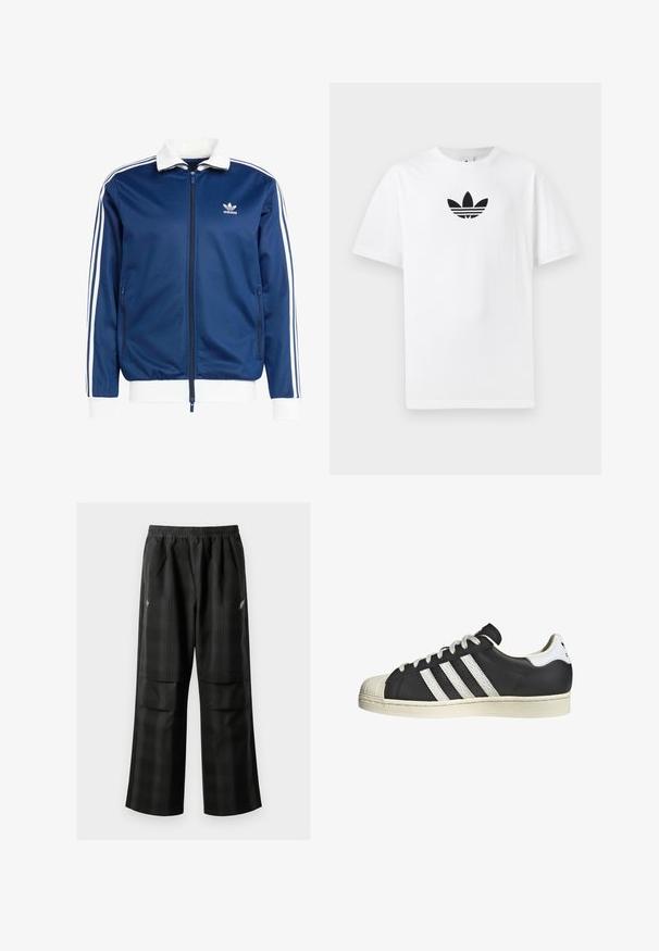 Blue athletic zip-up jacket with a white collar and cuffs, featuring three white stripes down the sleeves and an Adidas logo on the chest.; White cotton T-shirt featuring a black Adidas logo at the center. Short sleeves and a crew neck design. Smooth texture.; Black plaid pants featuring an elastic waistband, two front pockets, and a loose fit with a straight leg design. Made from lightweight material.; adidas Originals LIFESTYLE SUPERSTAR - Trainers - schwarzweiss