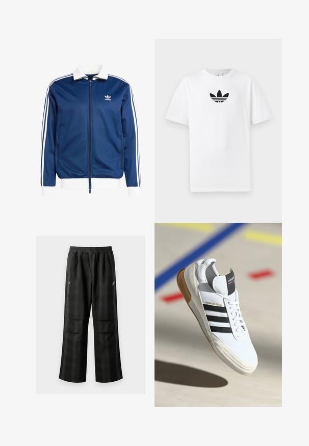 Zils sporta zip-up džemperis ar baltu apkakli un aprocēm, kuram pa rokām izdalītas trīs baltas svītras un uz krūtīm ir Adidas logo.; Balta kokvilnas T-kreklu ar melnu Adidas logo centrā. Īsas piedurknes un apaļas kakla izgriezums. Gluda tekstūra.; Melnas kvadrātveida bikses ar elastīgu jostu, divām priekšējām kabatām un brīvu piegriezumu ar taisnām kājām. Izgatavotas no viegla materiāla.; Baltās Adidas Mundial Goal sporta kurpes ar melnām svītrām un gumijas zoli, parādītas gaisā virs sporta laukuma grīdas ar krāsainām līnijām.