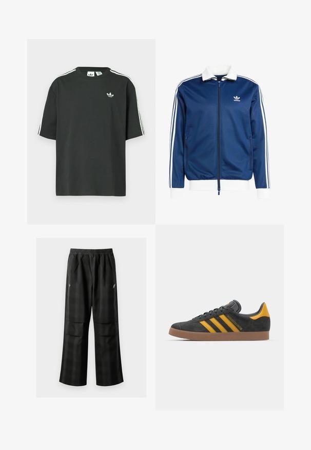 Jachetă sportivă albastră cu fermoar, cu guler și manșete albe, având trei dungi albe pe mâneci și un logo Adidas pe piept.; Tricou negru din bumbac cu mâneci scurte, guler rotund și detalii albe cu trei dungi pe umeri. Prezintă un logo mic alb pe piept.; Pantaloni cu un model carourile negre, având talie elastică, două buzunare frontale și un croi lejer cu picioare drepte. Construiți dintr-un material ușor.; Tenisi negri din suede cu accente galbene, având trei dungi și o talpă din cauciuc maroniu. Include un limba căptușită pentru confort.