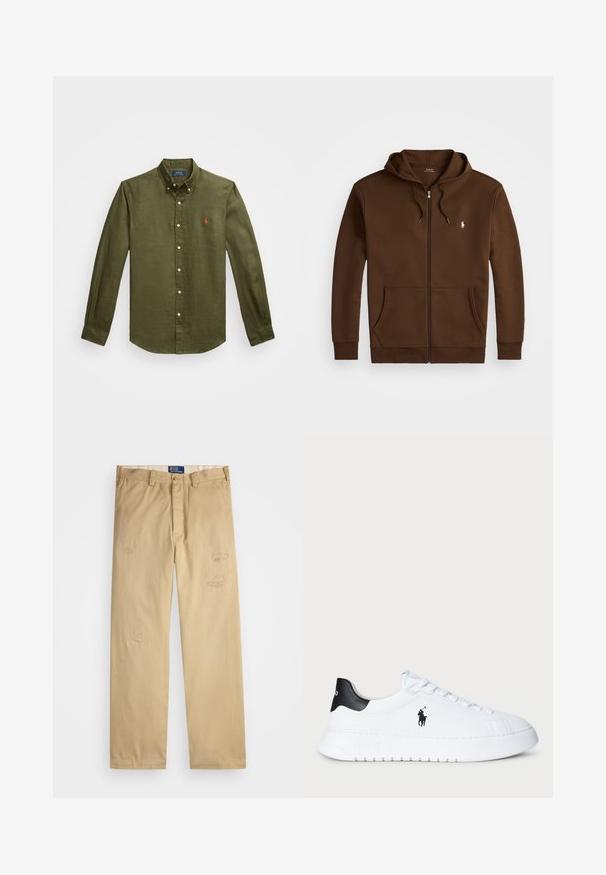 Polo Ralph Lauren Big & Tall DOUBLE-KNIT FULL-ZIP HOODIE - Sweatjakke - branch brown; Oliven grønn knapp-up skjorte laget av lin, med klassisk krage, lange ermer, og en liten brodert logo på brystet.; Beige bomullsbukser med rett snitt. Har slitte lapper og broderte detaljer foran. Klassisk knapp- og glidelås-lukking.; Hvit lavt beskåret sneaker med svart hælflik og svart Polo Ralph Lauren-logo på siden, med hvite lisser og tykk gummisåle.