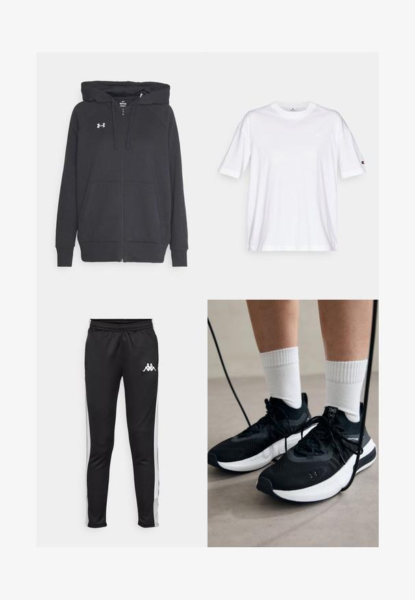 Fekete zipzáras kapucnis pulóver, puha anyagból készült, elülső zsebből, állítható húzózsinóros kapucnival és egy kis fehér logóval a mellkasán.; Fehér pamut póló, kerek nyakkivágással, rövid ujjakkal és egy apró logóval a bal mellen. Lazább szabású és egyszínű.; Fekete sportnadrág fehér oldalsávokkal, rugalmas derékrésszel és egy kis fehér logóval a bal csípőn. Simaság, testhezálló kialakítás.; Fekete sportcipők textúrált anyagból, fehér talppal és fekete fűzőkkel. Fehér bordázott zoknikkal viselve, világos felületen állva.