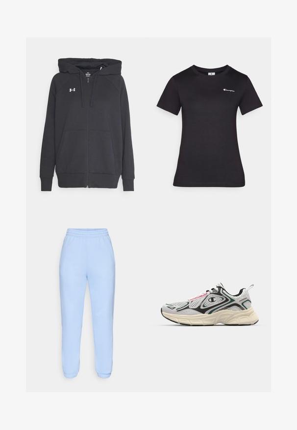 Svart zip-opp hettegenser laget av myk materiale, med en frontlomme, justerbar snor i hetta, og en liten hvit logo på brystet.; Sort t-skjorte med korte ermer laget av bomull, med et lite brodert logo på brystet. Klassisk crewneck-design med en myk tekstur.; Lyseblå joggebukser laget av myk stoff, med elastisk midje og tettsittende mansjetter ved anklene.; Sportsko-sneakers med mesh-overdel i grå og hvit, sorte detaljer, en chunky kremfarget såle og rosa og teal design elementer.