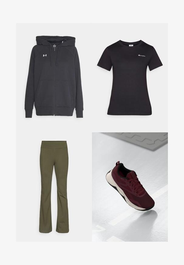 Sweatshirt preto com fecho éclair, feito de tecido suave, apresentando um bolso frontal, capuz ajustável com cordão e um pequeno logo branco no peito.; Camiseta preta de manga curta feita de algodão, com um pequeno logótipo bordado no peito. Design clássico de gola redonda com uma textura suave.; Champion ICONS HIGH WAIST FLARE LEGGINGS - Leggings - dark green; Sapatilha desportiva bordô com parte superior em malha, detalhes em preto e sola branca acolchoada. Apresenta fecho por atacadores e alça na parte traseira.