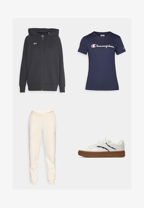 Svart zip-up hoodie i mjukt tyg, med en framficka, justerbar snoddhuva och en liten vit logotyp på bröstet.; Marinblå bomullströja med korta ärmar, med en vit "Champion"-logotyp. Regular fit med rund hals och mjuk textur.; Krämfärgade joggerbyxor tillverkade av mjukt tyg, med elastisk midja, tapered ben-design och en liten logotypapplikation på sidan.; Vita sneakers med en slät läderöverdel, svarta accenter, rund tå och gummisulor i brunt. Har perforerade sidodetaljer och logotyp.