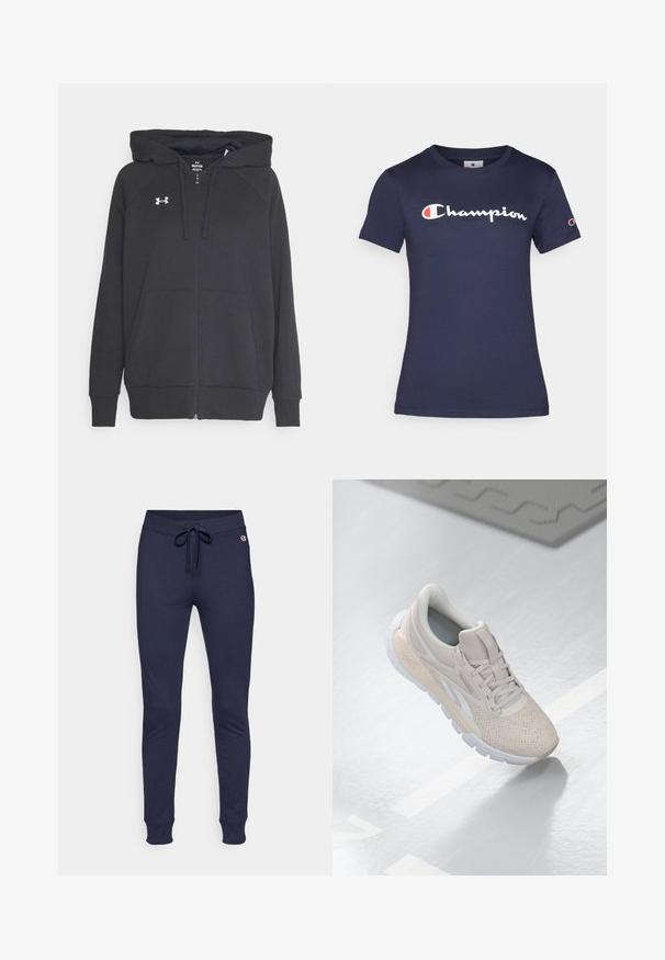 Fekete zipzáras kapucnis pulóver, puha anyagból készült, elülső zsebből, állítható húzózsinóros kapucnival és egy kis fehér logóval a mellkasán.; Sötétkék pamut póló rövid ujjakkal, fehér "Champion" logóval. Normál szabású, kerek nyakkivágással és puha tapintással.; Tengerészeti kék melegítőnadrág, állítható derékrésszel, szűkülő lábszárral és bordás mandzsettával. Puha, elasztikus anyagból készült, kis logóval a csípőn.; Világos bézs színű sportcipő perforált felsőrésszel, texturált díszítéssel, párnázott nyakkal és fehér gumitalppal, amely a kényelem és a légáteresztő képesség érdekében készült.