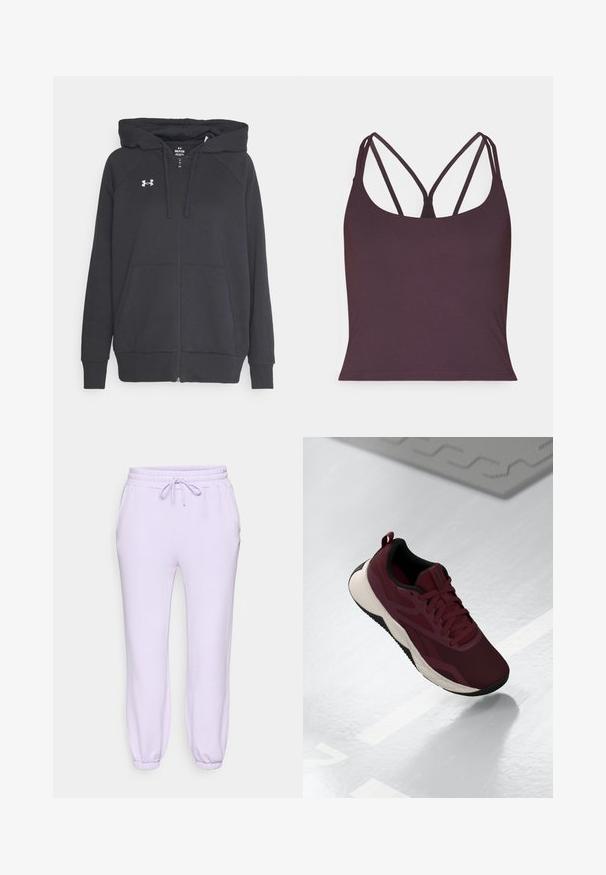 Juodas zip-up paltas, pagamintas iš minkštos medžiagos, su priekiniais kišeniniais, reguliuojamu kapisonu ir mažu baltu logotipu ant krūtinės.; Tamsiai violetinis belekas, pagamintas iš švelnaus audinio, su plonais dvigubais petnešomis ir apvaliu iškirpimu. Be siūlių apatinėje dalyje.; Alyviniai sportiniai džinsai su elastinga juostele ir raišteliu, šoninėmis kišenėmis ir siaurėjančiomis pažastimis ties kulkšnimis. Minkšta, lygi medžiaga.; Burgundi spalvos sportiniai bateliai su tinklelio viršumi, juodais akcentais ir paminkštintu baltu padu. Turintys raištelių uždarymą ir pakėlimo juostelę ant kulno.