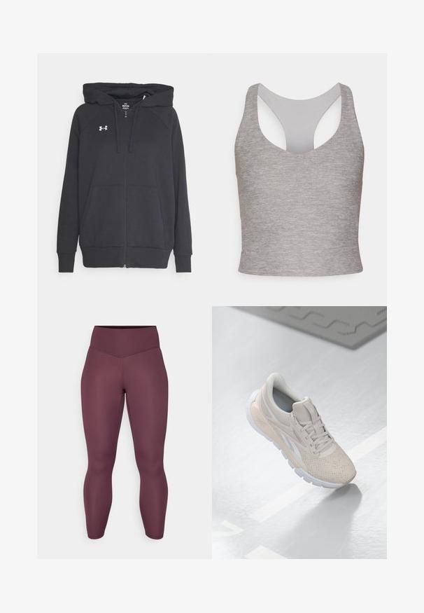 Črna zip-up hoodie iz mehkega materiala, z sprednjim žepom, nastavljivim kapuco z vrvico in majhnim belim logotipom na prsih.; Siva brezrokavnik s krojenim dekoltejem in izrezom na hrbtu. Izdelan iz mehkega, elastičnega materiala z gladko teksturo.; Visoko pasne, prilegajoče legice v bogati burgundski barvi. Narejene iz gladkega, raztegljivega materiala brez vidnih vzorcev ali dodatkov.; Svetlo bež športni čevelj s perforiranim zgornjim delom, teksturiranimi detajli, oblazinjenim ovratnikom in belim gumijastim podplatom, zasnovan za udobje in zračnost.