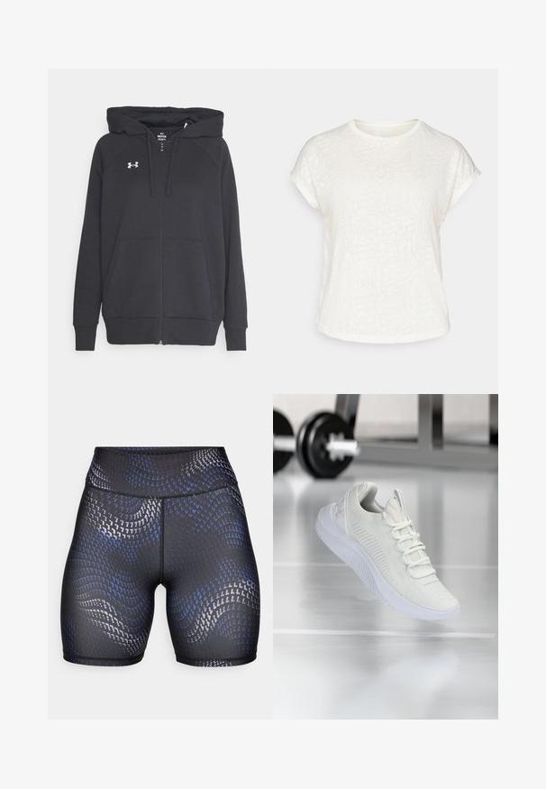 Hanorac negru cu fermoar, realizat dintr-un material moale, având o buzunar frontal tip pouch, un capuz ajustabil cu șnur și un mic logo alb pe piept.; Tricou scurt cu mânecă albă, cu un model floral texturat, guler rotund și croială lejeră. Fabricat dintr-un material moale și ușor.; Shorts negri cu talie înaltă, dintr-un material elastic, având un model ondulat albastru și argintiu. Textură netedă cu detalii de cusătură contrastante.; Sneaker sportiv alb cu o parte superioară din plasă texturată și sistem de șireturi, având o talpă albă cu un amortizor și accente subtile în formă de nervuri.