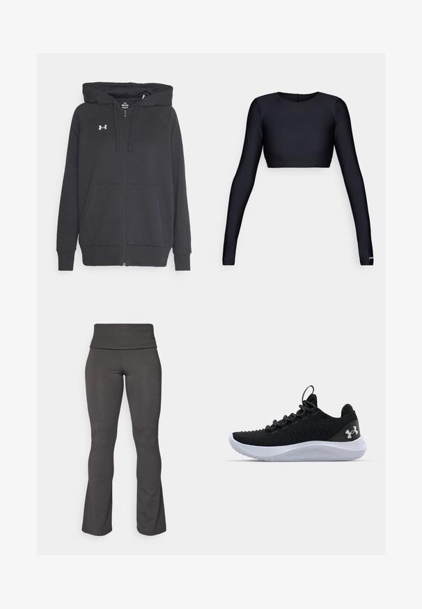 Must must hindja kapuutsiga must kapuuts, mis on valmistatud pehmest kangast, ees on tasku, reguleeritav nööriga kapuuts ja rinnal väike valge logo.; Must have musta lühike pluus pikkade varrukatega, valmistatud siledast venivast materjalist. Omab ümmargust kaelust ja minimalistlikku disaini otse lõikega.; Kitsaste, tumehallid, laienevad jooga püksid laia, pehme vöökohtaga. Valmistatud elastsetest, siledatest kangastest mugavuse ja paindlikkuse tagamiseks.; Mustad mustren pruunid sportlikud kingad, millel on hingav võrgust pealis, tekstuuriga detailid ja valgest kummist talla. Omavad lapikuid paelu ja kandmismehhanismi.