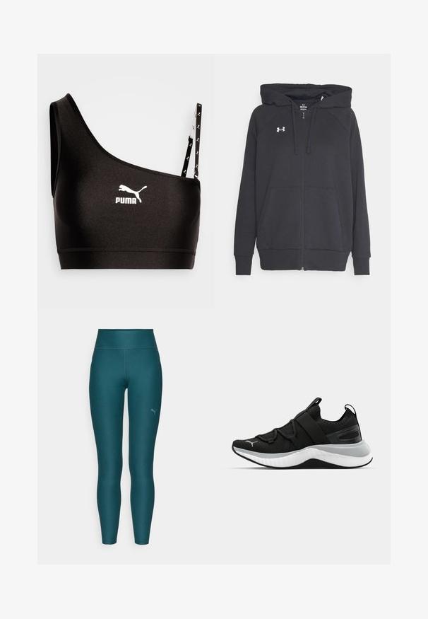 Melna piepūšamā kapučjaka, kas izgatavota no mīksta auduma, ar priekšējo kabatu, regulējamu kapuci ar auklu un mazu baltu logotipu uz krūtīm.; Melnas sporta krūšturis ar vienu plecu siksniņu, ar baltu Puma logo. Gluda, elastīga auduma konstrukcija ar mūsdienīgu dizainu un kontrastējošu siksniņu detaļām.; Tirkīza krāsas sporta legingi ar augstu jostasvietu, izgatavoti no elastīga materiāla. Iezīmējas ar mazu logo labajā apakšējā kājā un plakaniem šuvēm.; Melna sporta kurpe ar teksturētu augšējo daļu, elastīgām siksnām un biezu baltu vidusdaļu. Ievietots pelēks akcenta elements gar zoli.