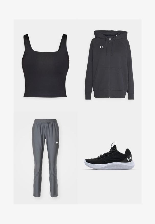 Čierna mikina na zips vyrobená z mäkkého materiálu, s predným vreckom, nastaviteľnou kapucňou so šnúrkou a malým bielym logom na hrudi.; Čierny crop top so štvorcovým výstrihom a širokými ramienkami. Vyrobený z hladkej, elastickej látky s priliehavým strihom. Bez ozdôb.; Šedé športové nohavice vyrobené z hladkého, ľahkého materiálu s elastickým pásom a zúženými nohavicami, s malým bielym logom.; Čierne športové topánky s priedušným sieťovaným zvrškom, štruktúrovanými detailmi a bielou gumovou podrážkou. Obsahujú ploché šnúrky a pútko na päte.