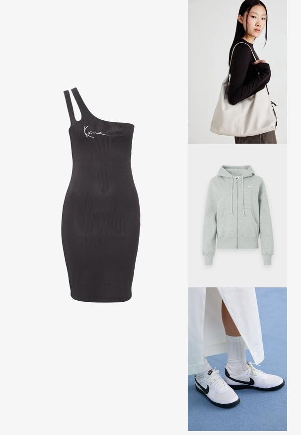 Svijetlo siva Nike zip-up majica s kapuljačom, prednjim đepovima, špagama, rebrastim manžetama i bijelim Nike swoosh logom na prsima.; Crna rebrasta haljina s dizajnom na jedno rame, s tankim trakama i bijelim potpisom na prsima. Glatka tekstura kroz cijelu haljinu.; Bijele Nike tenisice s crnim detaljima, sa glatkim gornjim dijelom od kože, bijelim vezicama i čvrstim gumenim potplatima, uparene s bijelim rebrastim čarapama.; Bežna torba od mekog materijala s opuštenim dizajnom, šivanim detaljima i dva remena za rame. Pogodna za svakodnevnu upotrebu.